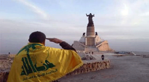 Hizbullah resitance man infront of Mary's statue 