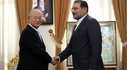 Secretary of Iran's Supreme National Security Council Ali Shamkhani shakes hands with Director General of the International Atomic Energy Agency [IAEA] Yukiya Amano 