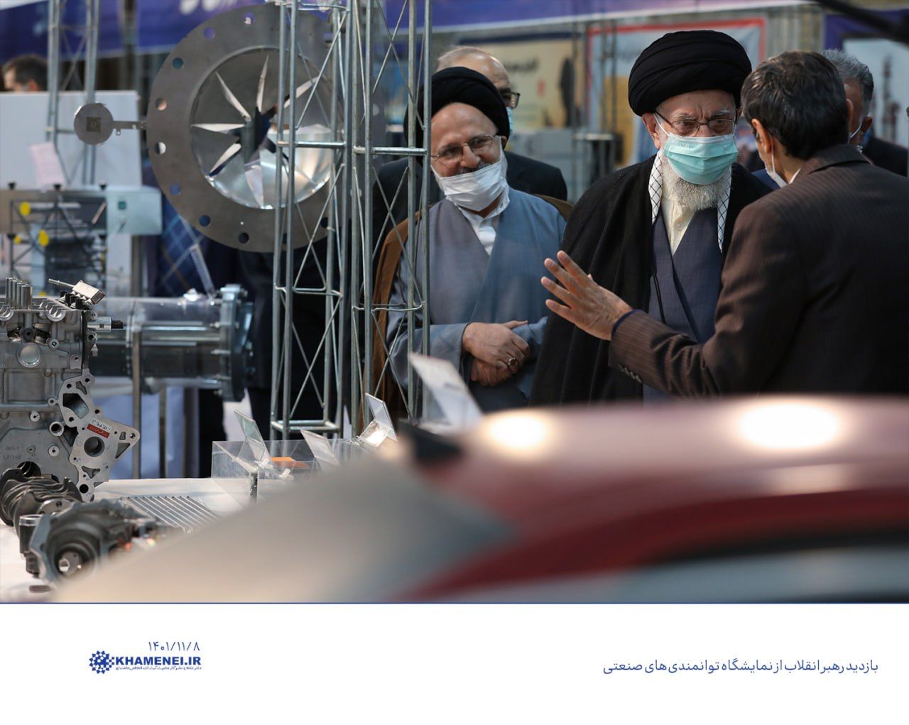 The Leader of the Islamic Revolution His Eminence Imam Sayyed Ali Khamenei, inspects the Industrial Capabilities Exhibition in Imam Khomeini’s Hossainiya in Tehran