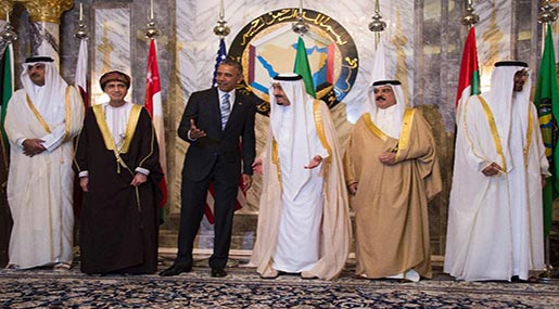 US President Barack Obama (3rd L) speaks with King Salman bin Abdulaziz Al Saud (3rd R) of Saudi Arabia alongside Emir of Qatar Sheikh Tamim bin Hamad al-Thani (L), Omani deputy prime minister Sayed Fahd bin Mahmud al-Said (2nd L), Bahrain’s King Hamad bin Issa al-Khalifa (2nd R) and Crown Prince of Abu Dhabi Sheikh Mohammed bin Zayed al-Nahyan (R) 