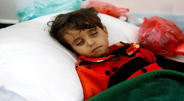 Sick Yemeni child in hospital bed