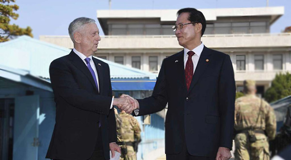 US War Secretary Jim Mattis shakes hands with South Korean Defense Minister Song