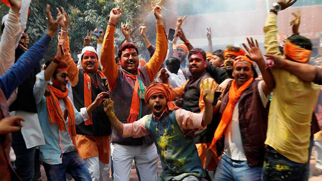 Early Celebrations Break Out at Ruling BJP’s Headquarter in New Delhi