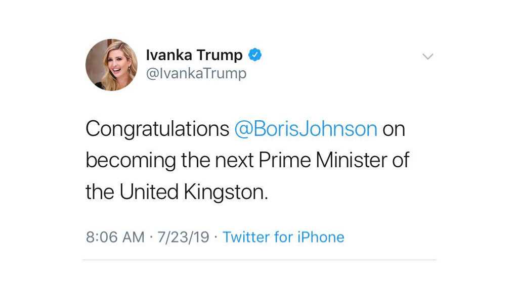 Ivanka Trump Congratulates Johnson on Becoming PM of «United Kingston»!